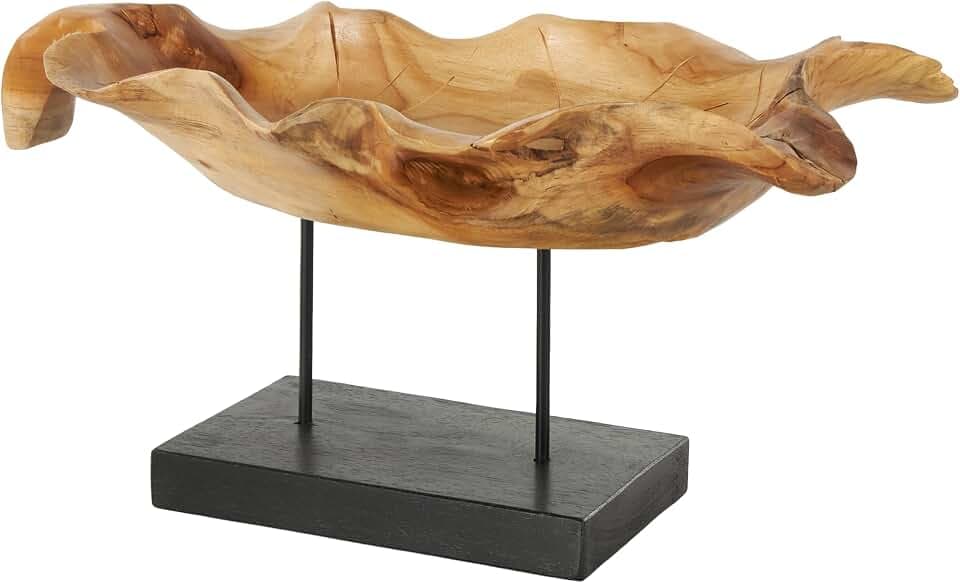 Deco 79 Teak Wood Leaf Decorative Sculpture Floating Home Decor Statue with Black Stand and Base, Accent Figurine 21" x 11" x 10", Brown