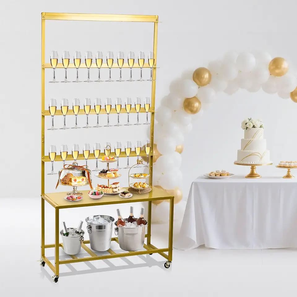 Champagne Wall Holder for Party, Champagne Tower Stand with Storage Shelf and Swivel Casters, 4-Tier Gold Metal Flutes Display Stand Hold 40 Glasses, Suitable for Wedding, Christmas