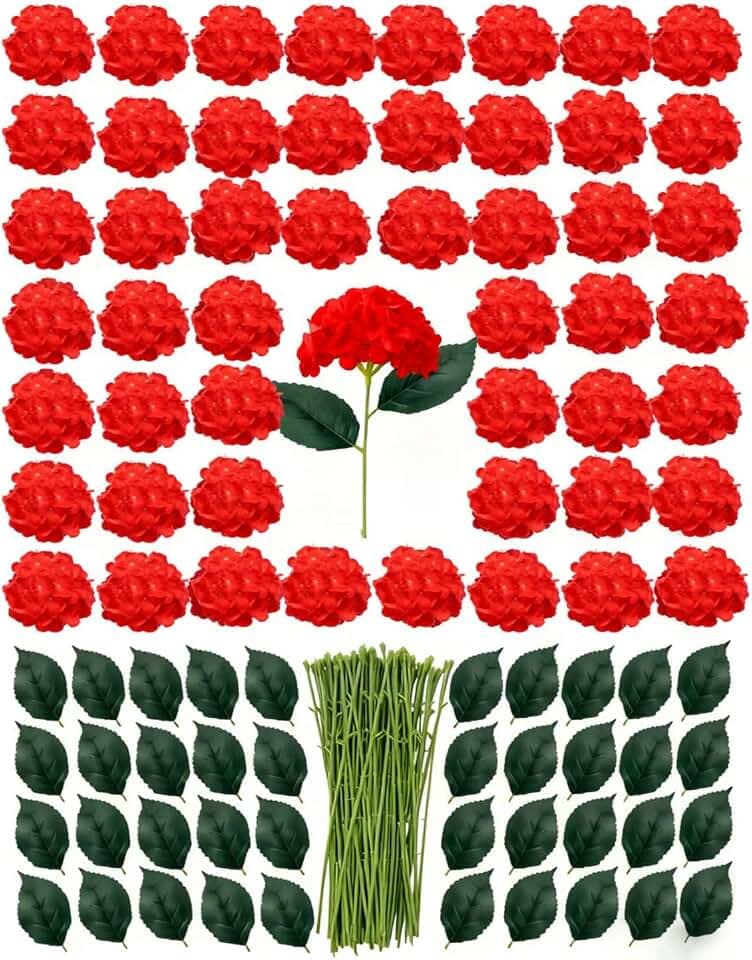 50 Pack Artificial Red Hydrangea Flowers with Leaves, 6 Inch Silk Flower Heads, DIY Mother's Day Wedding Decor Set with 100 Leaves, 50 Stems