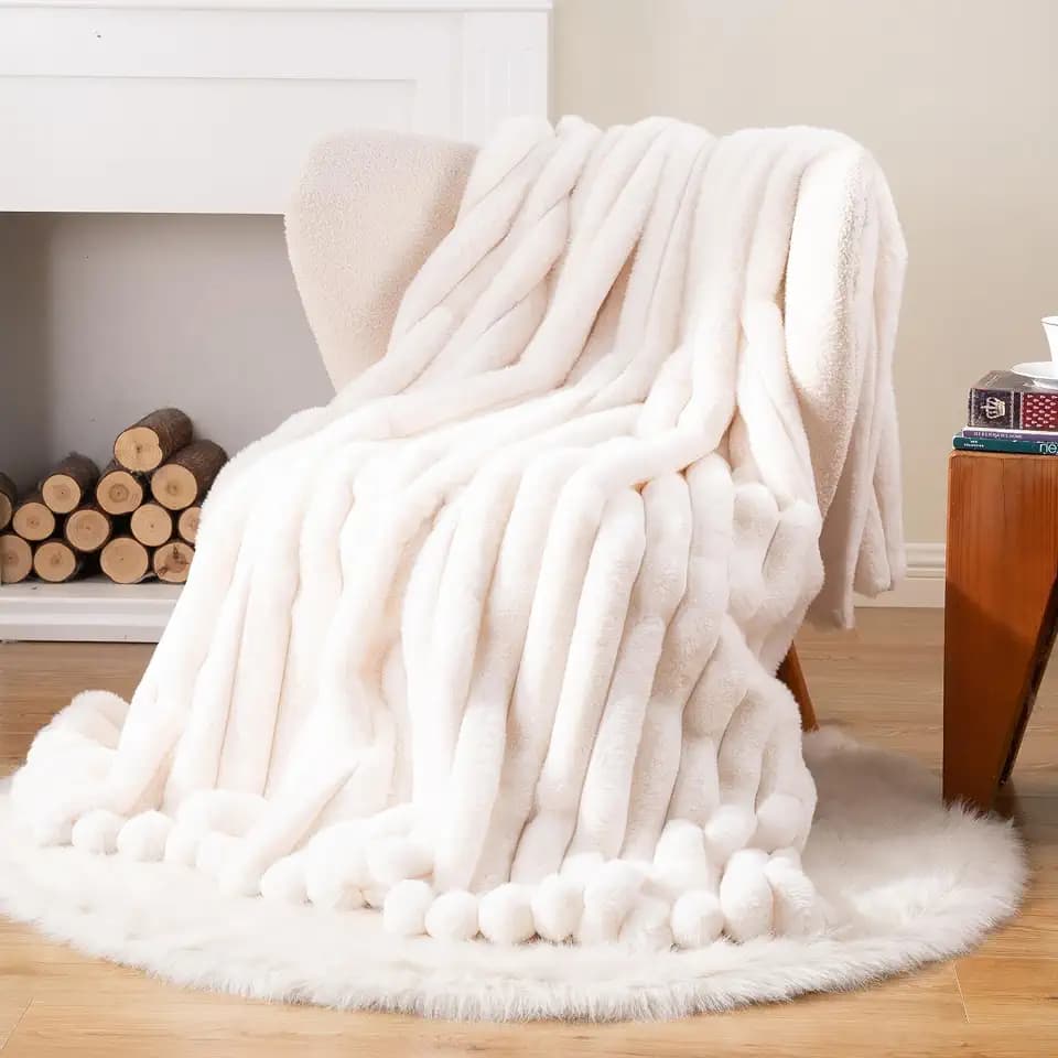 Battilo Cream Throw Blanket, Soft Plush Striped Faux Fur Blanket, 50"x60"