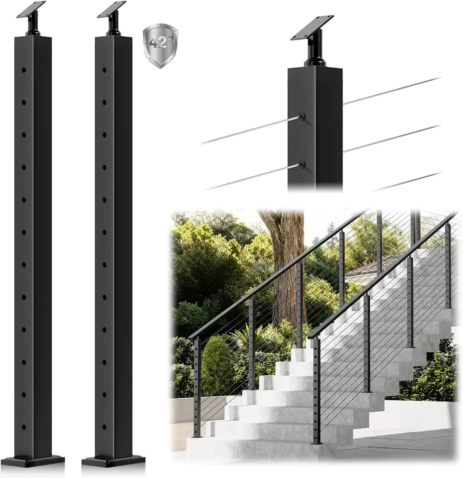 2Pack Cable Railing Stair Posts, 42" Adjustable Top 33 Degree Drilled Fit for 25-35 Degrees, Black Finish with Stainless Steel Cable Grommets