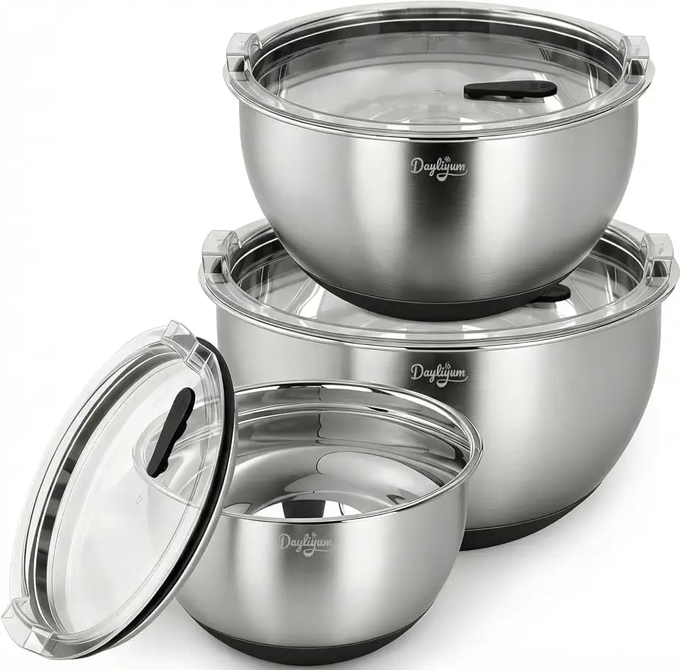 Stainless Steel Mixing Bowls with Clear Airtight Lids, Set of 3