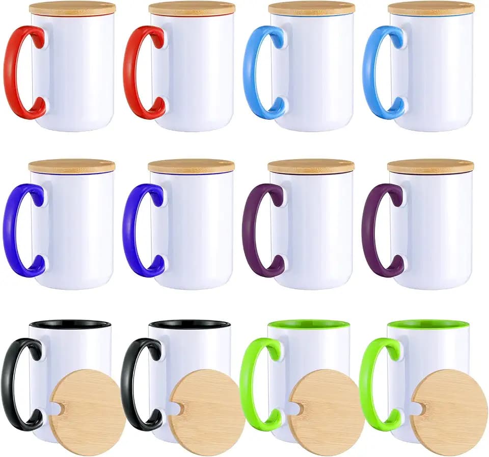 RAINBOWTIE 12PCS 15oz Sublimation Mugs with Bamboo Lid, 6 Assorted Colors