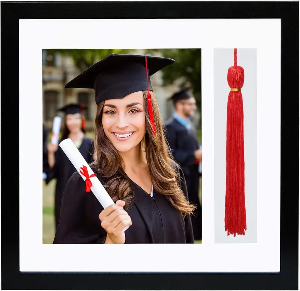 Americanflat 13x13 Graduation Frame - Shatter-Resistant Glass - Fits 8x10 Photo with Tassel Opening - Engineered Wood Diploma Frames with Tassel Holder for Wall Display - Black Square Frame