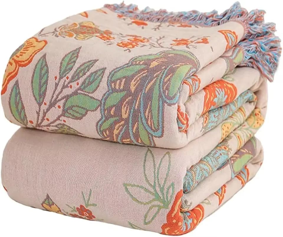 Boho Throw Blanket for Bed 100% Cotton Bohemian Blankets Ultra Soft Woven Muslin Decorative Blankets All Seasons Vintage Quilt Knitted Blanket for Sofa Chair(Orange, 60"x80")