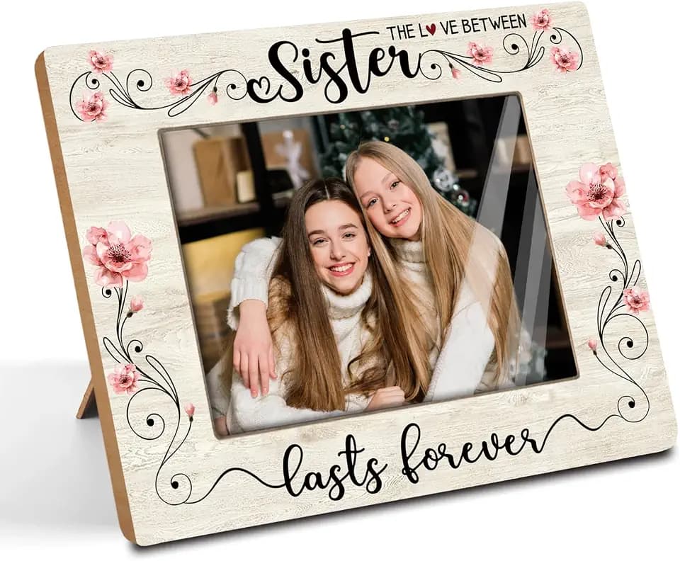 Rustic Wood Picture Frame for 5x7 Photo,Farmhouse Photo Frame –The Love Between Sister Lasts Forever – Fun Friendship Gift for Sisters,Besties, Roommates, Birthday or Graduation(Sister-1)