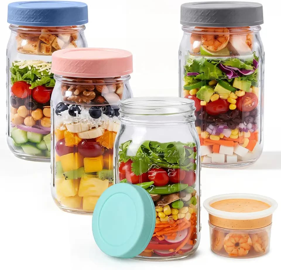 ComSaf 32 oz Glass Salad Jars with Dressing Cup 4 Pack Meal Prep Mason Jars