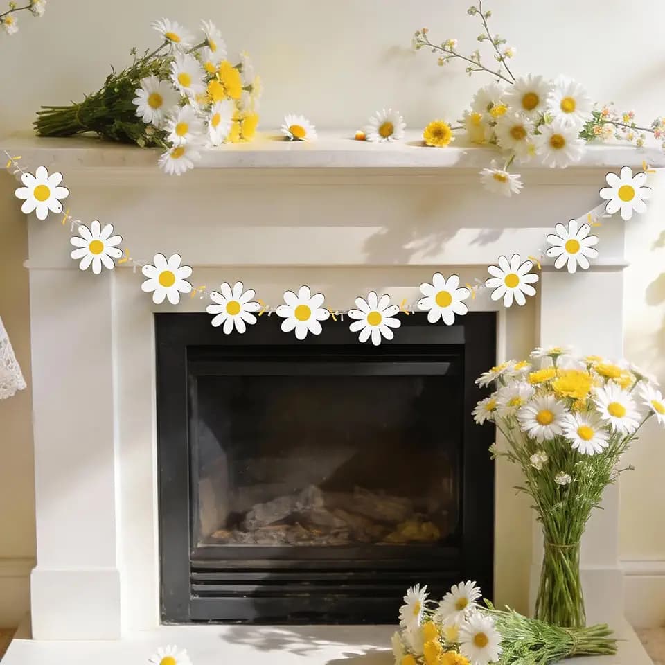 Daisy Wooden Banner Garland Decor Wooden Daisy Flower Boho Hanging Garland with Wooden Beads Bows Floral Banners for Spring Summer Birthday Party Baby Shower DIY Home Wall Fireplace Decor