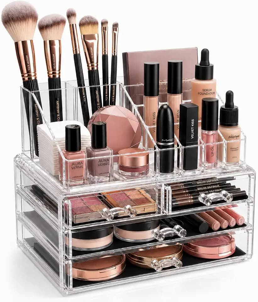 Brookstone Makeup Organizer Countertop, Cosmetic Display Case, Acrylic Makeup Storage for Vanity, Clear Make-up Organizer for Vanity, Accessories Holder with Drawers