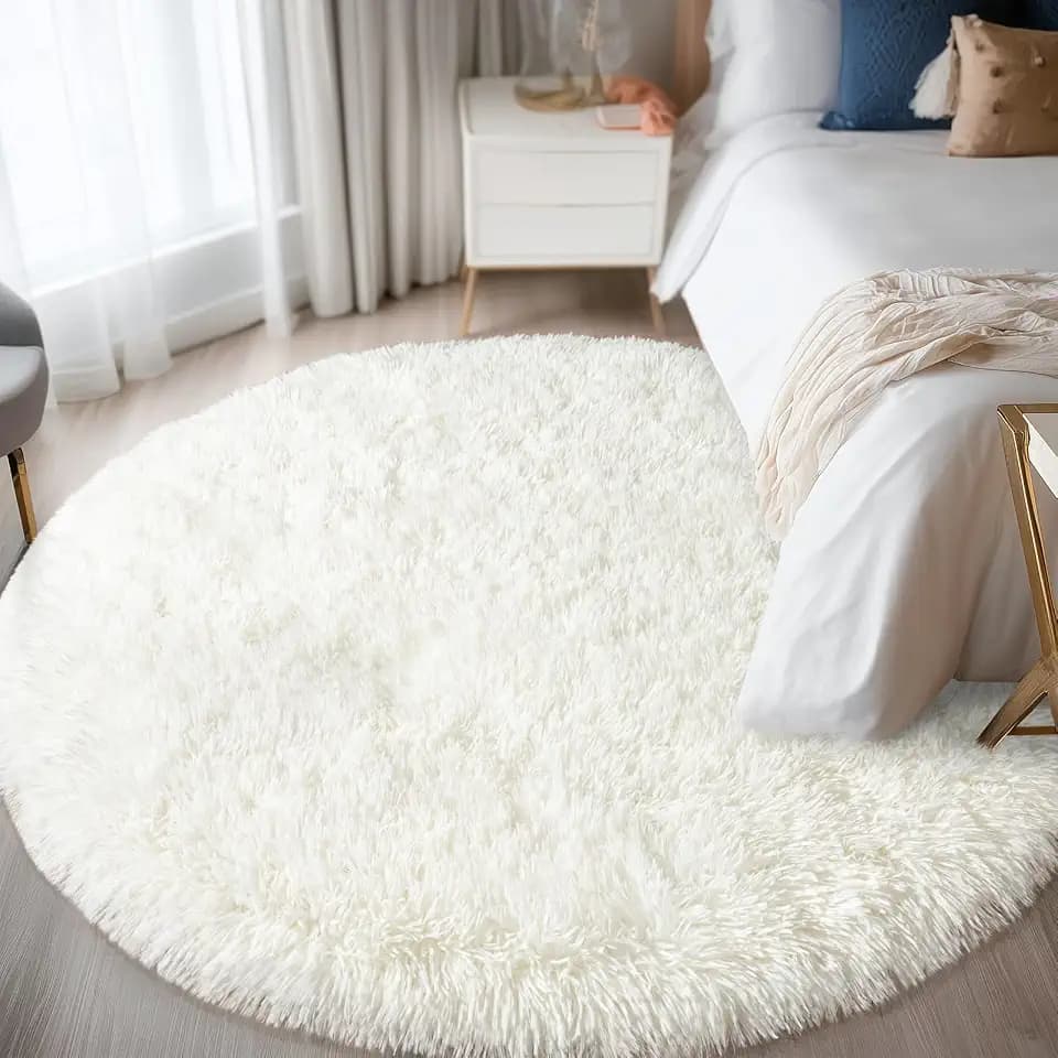 6ft Fluffy Cream White Round Rug for Bedroom Living Room, Washable Non-Slip