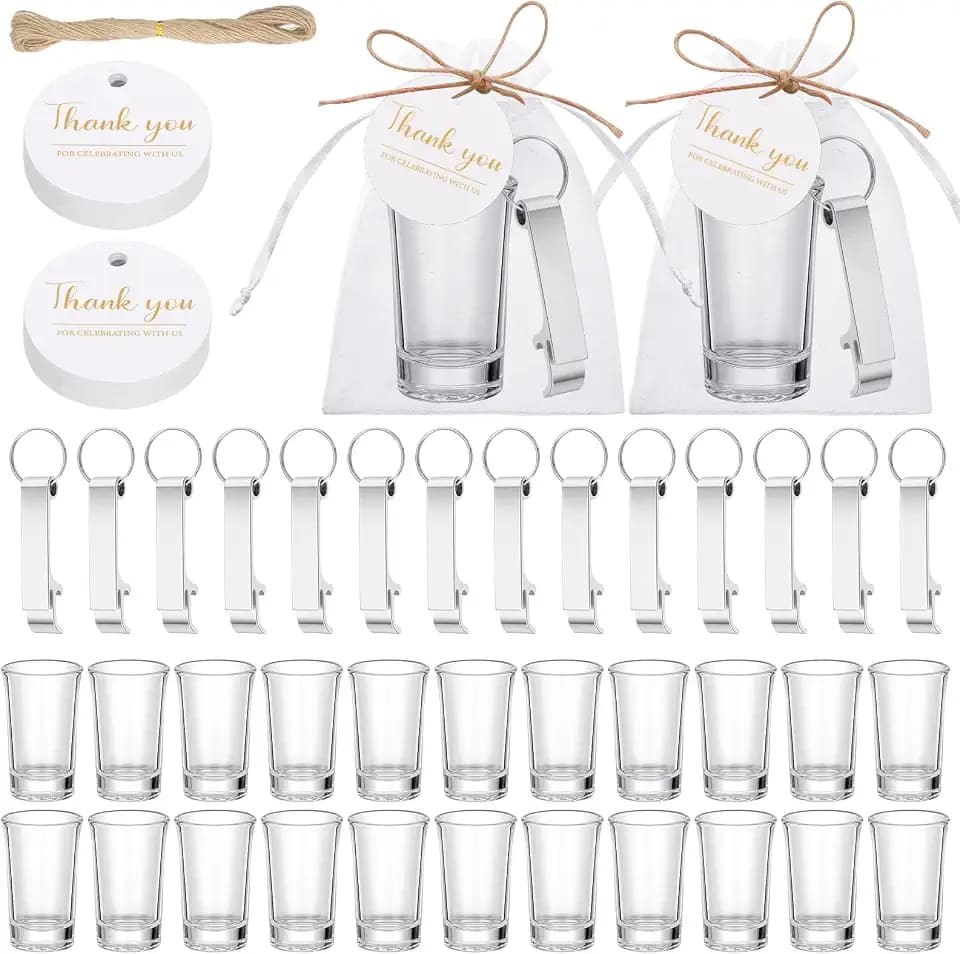 Honeydak 100pcs Wedding Favors for Guests Bulk Including Glass Shot Glasses, Bottle Opener Keychains, Thank You Cards, Organza Bag Wedding Souvenirs Gift for Newlyweds Bridal Shower Party(Silver)
