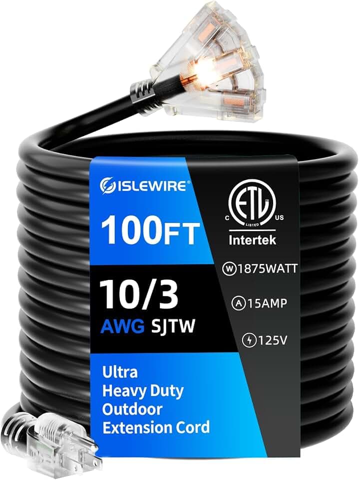 10 Gauge Extension Cord 100FT, Lighted 3-Outlets, 15A, ETL Listed