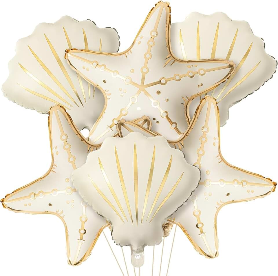 Gejoy 6 Pcs Seashell Balloons Beach Party, Starfish Ocean Gold
