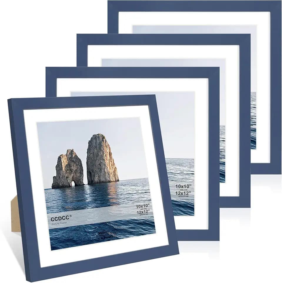 12x12 Picture Frame Set of 4, 12 x 12 Wood Photo Frames with Mat for 10x10 or 30x30cm Diamond Painting Art, Wooden Frame with Real Glass Cover for Wall and Tabletop Display,Blue