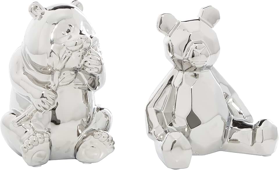 CosmoLiving by Cosmopolitan Porcelain Bear Handmade Sculpture, Set of 2 8", 7"H, Silver