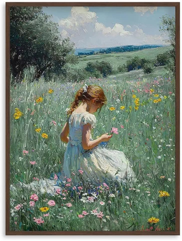 Framed Impressionist Painting of a Summer Countryside Girl in a Floral Field – Pastoral Nature Artwork for Living Room or Nursery Decor – 32x24 Inches