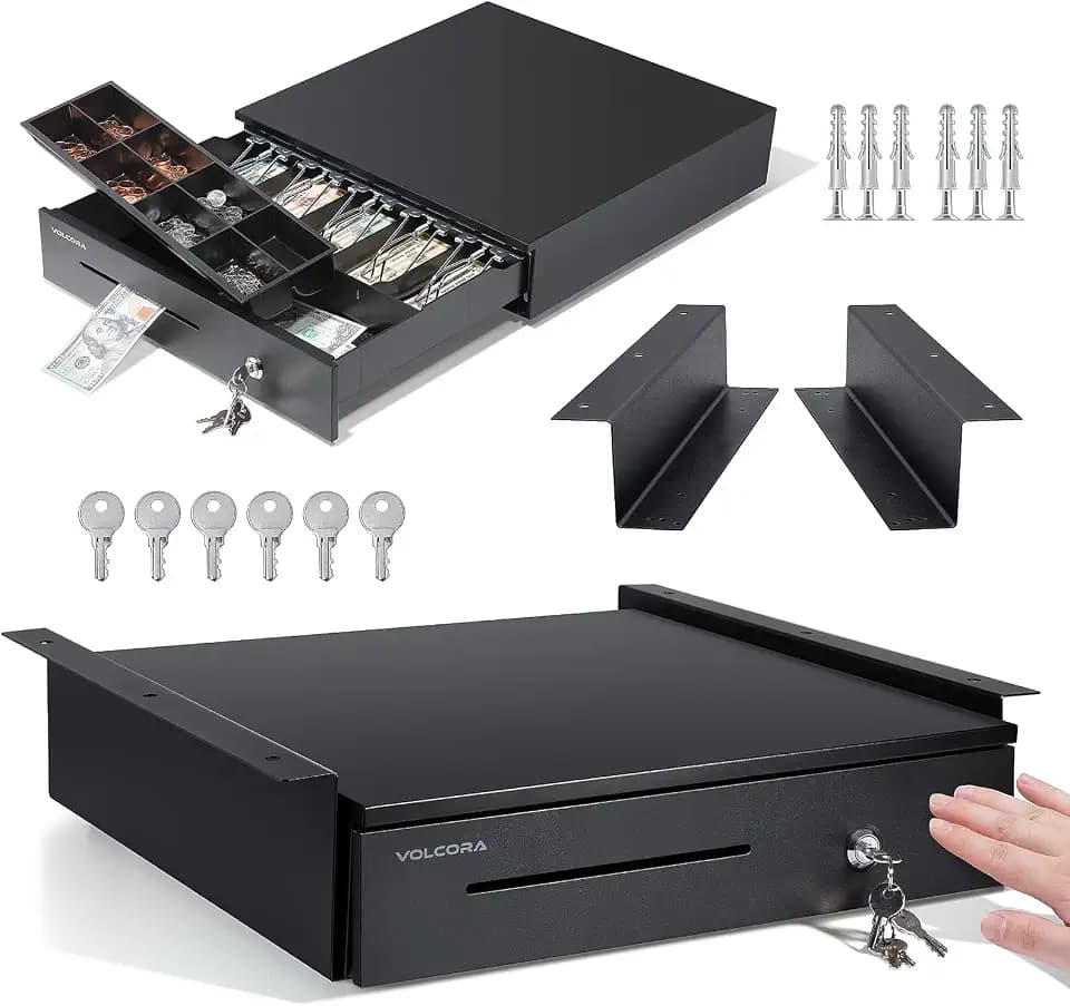 Volcora Manual Push Open Cash Register Drawer with Under Counter Mounting Metal Bracket - 16" Black Front Touch Panel Cash Drawer for POS, Partial Removable 5 Bill 8 Coin Tray, Key-Lock