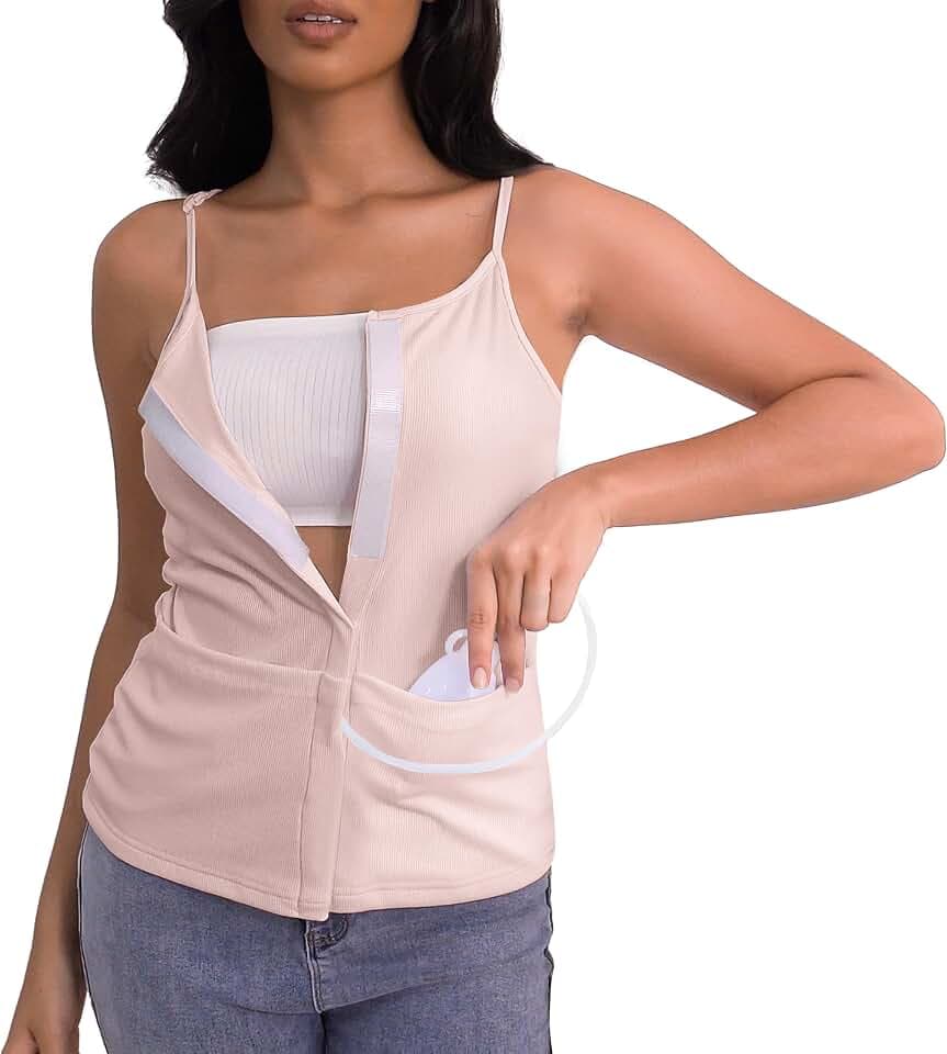 Post Mastectomy Shirts with Drain Pockets Breast Surgery Mastectomy Camisole Top with Hook and Loop Closure