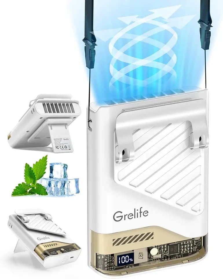 Grelife 2025 AI Portable Waist Fan Rechargeable with LED Display & 40H Runtime,5 Speed 10000RPM Cooling Personal Clip Fan,33ft/s Wind Speed Neck fan for Outdoor Work,Camping,Farm,Jobsite(White)