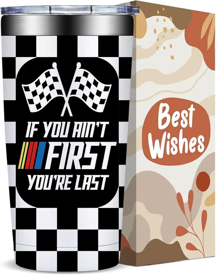 Fufandi Car Racing Gifts for Men, Fathers Day Birthday Gifts for Racer, Race Car Lover - IF YOU AIN'T FIRST YOU'RE LAST - Stainless Steel Insulated Tumbler 20oz
