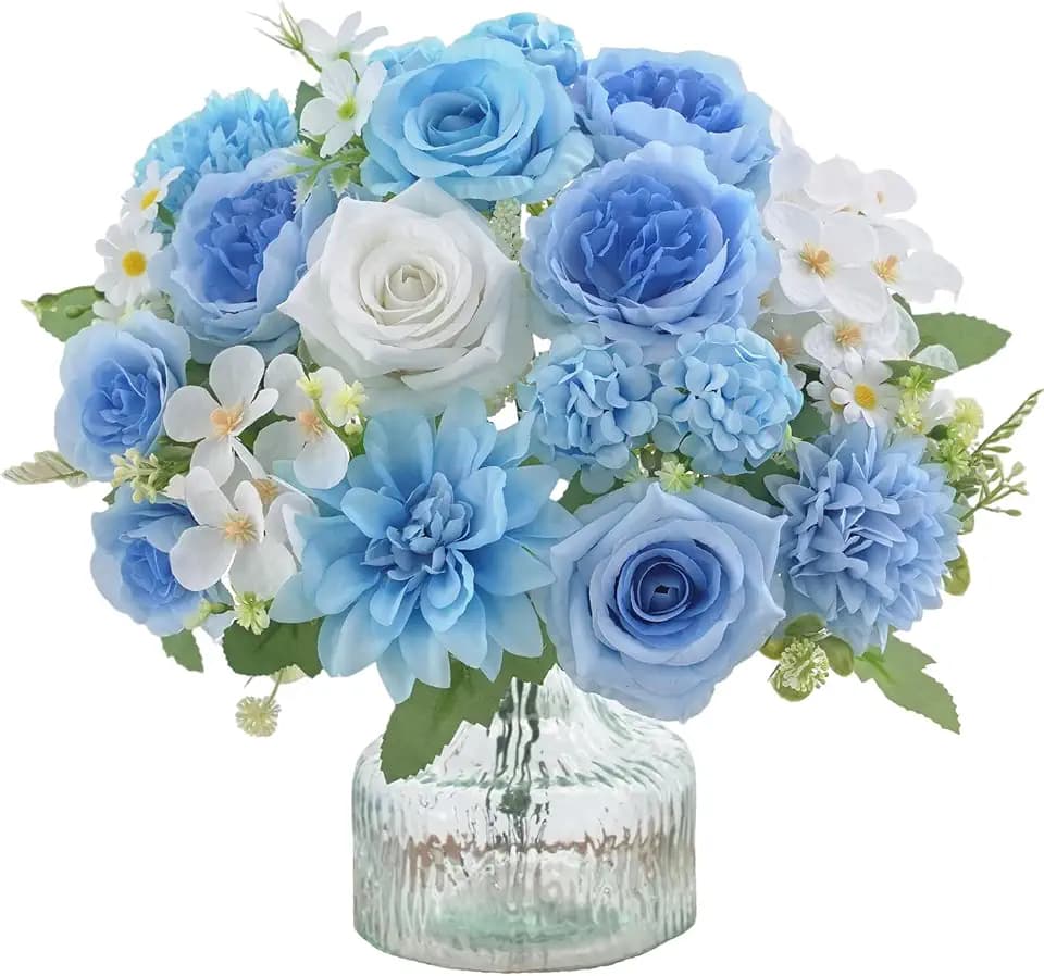 4 Pcs Mixed Artificial Flowers Set, Small Artificial Peony Bouquet Fake Rose Flower Silk Floral Arrangements for Table Centerpiece Home Wedding Party Bridal Decoration(Blue, 2 Bouquets & 2 Stems)