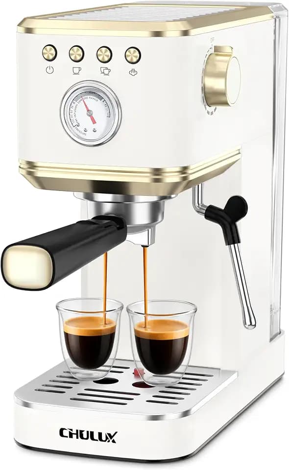 CHULUX Slim Espresso Machine with Milk Frother for Home Latte, White & Gold