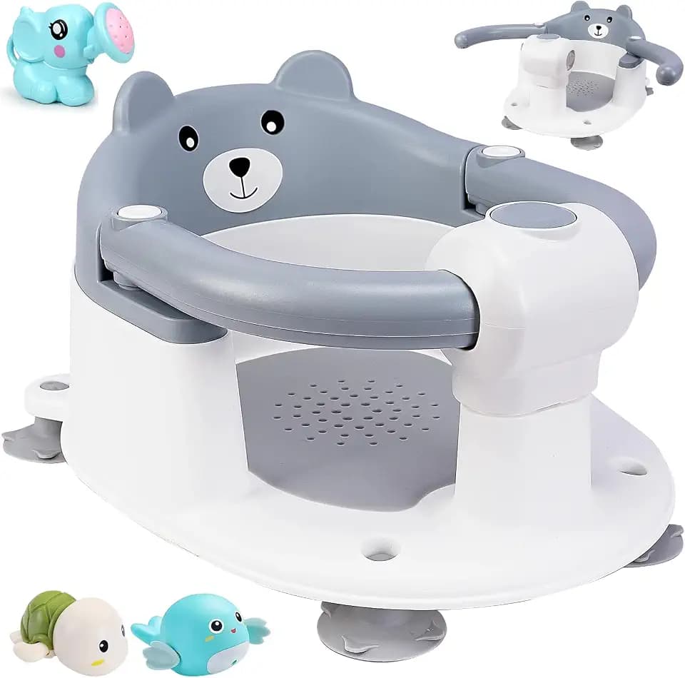 Badewannensitz Baby ab 6 Monate,Baby Badewannensitz,Bär Rutschfester Badesitz Baby,Sicherer Tragbarer Badstuhl für Dusche Oder Badewann,für Kleinkinder und Neugeborene (Grau)