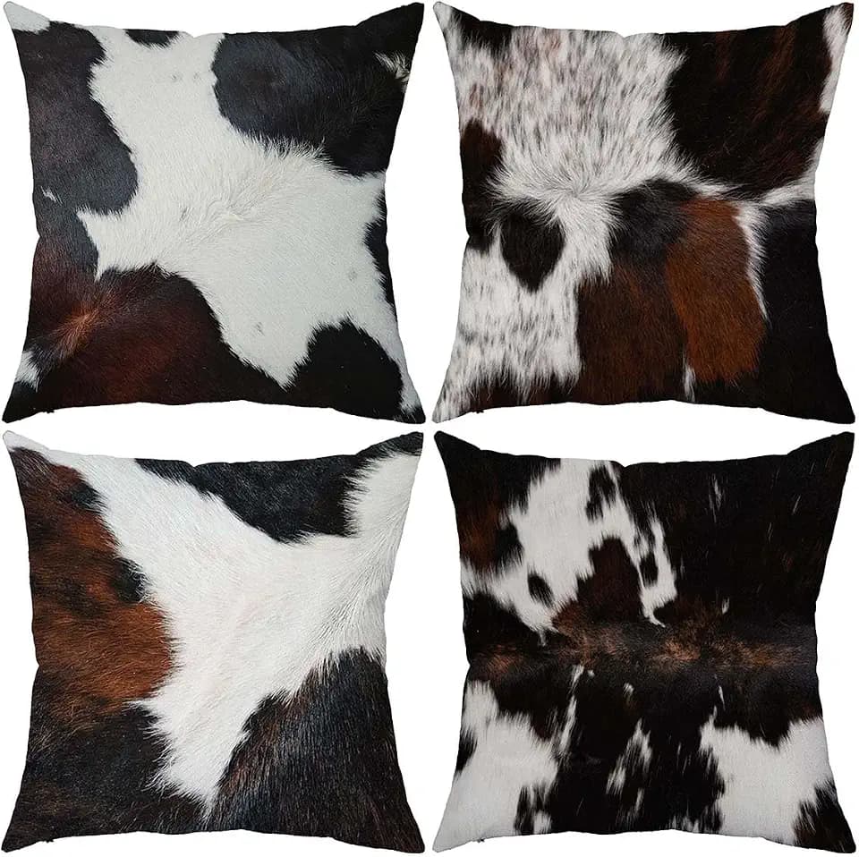 Set of 4,Black White Cowhide Pattern Decorative Throw Pillow Cover Rustic Animal Skin Pillowcase Farmhouse Cozy Cushion Case Decor for Sofa Couch Bed 18"x18"/45x45cm
