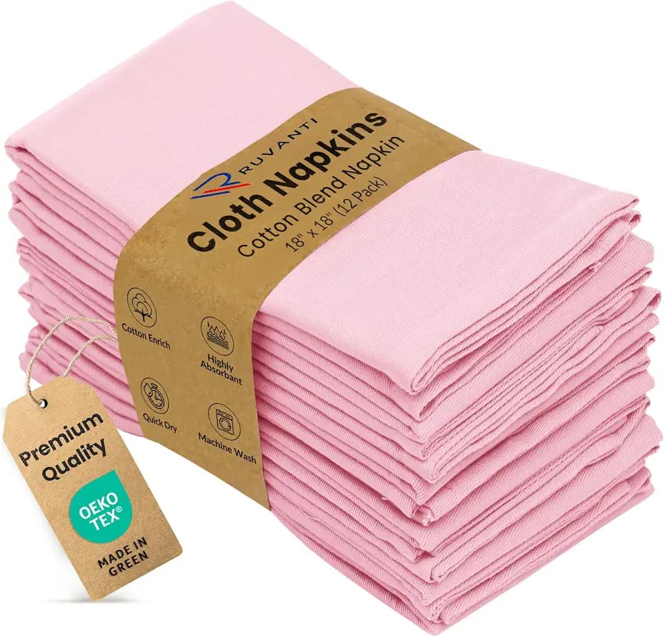Ruvanti Cloth Napkins Set of 12, Cotton Enrich 18”x18” - Pink