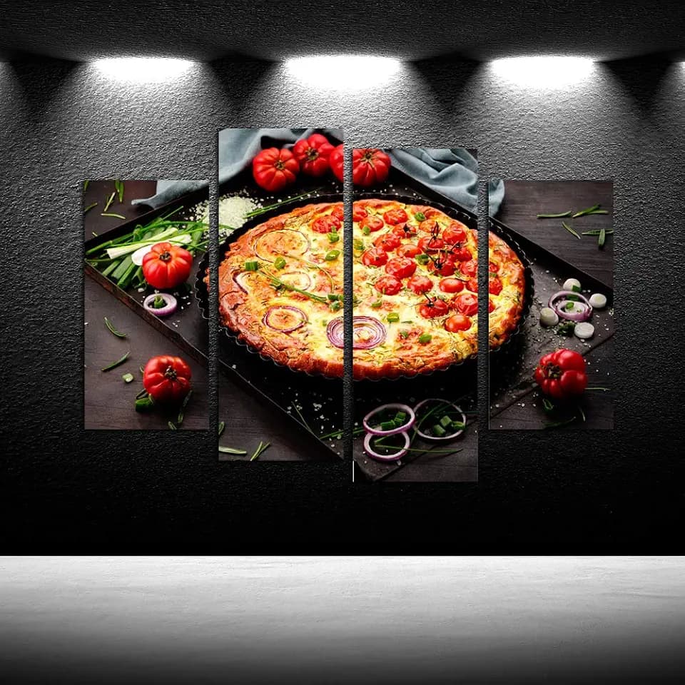 iKNOW FOTO Canvas Prints Wall Art 4 Panel Delicious Italian Pizza Food Pictures Modern Home Decor Stretched Gallery Canvas Wraps Giclee Print for Kitchen Dinning Room Restaurant