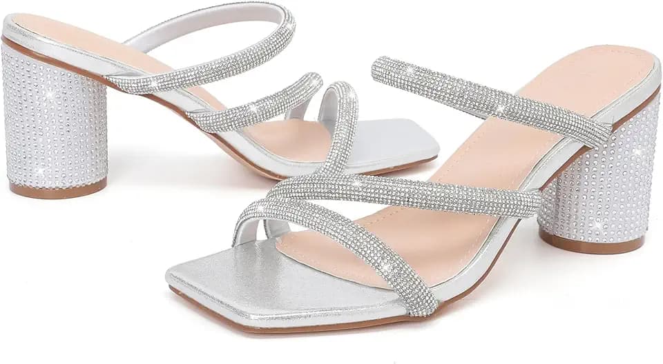kkdom Women's Square Open Toe Glitter Chunky Heels Sandals Sparkle Bling Rhinestone Short Heels Mule Sandals Slip On Block Heels