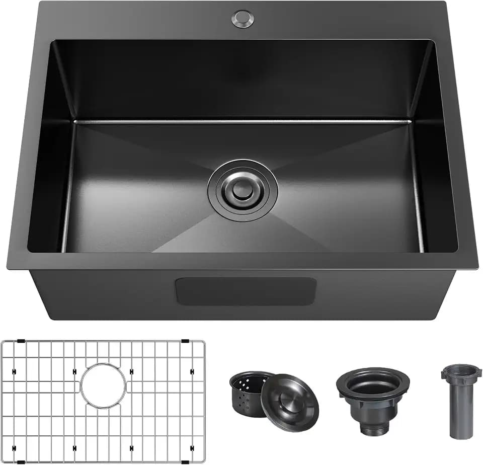 25 x 18 Inch Black Drop In Kitchen Sink, Single Bowl Kitchen Sink Topmount Prep Sink 18 Gauge Stainless Steel Kitchen Sink with Grid and Basket Strainer