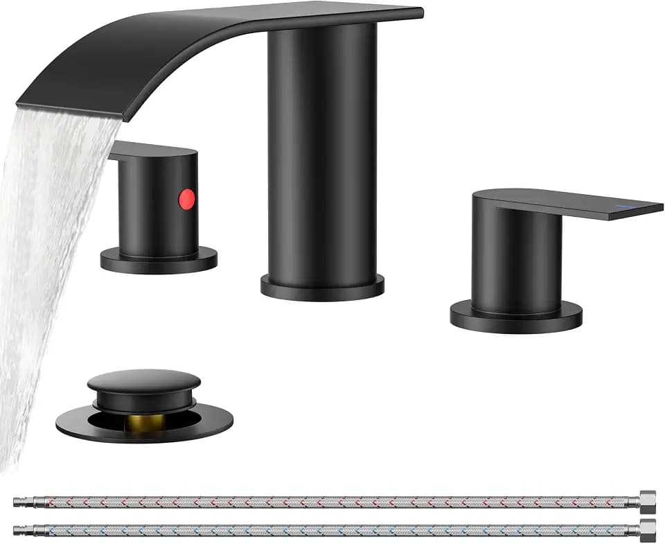FORIOUS Bathroom Faucet 3 Hole 8 Inch Widespread Waterfall Matte Black