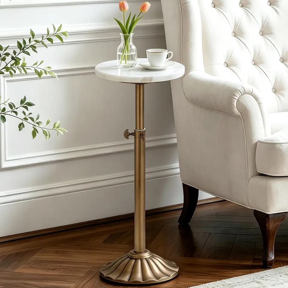 Adjustable Marble Drink Table, 10" Round Pedestal Side Table