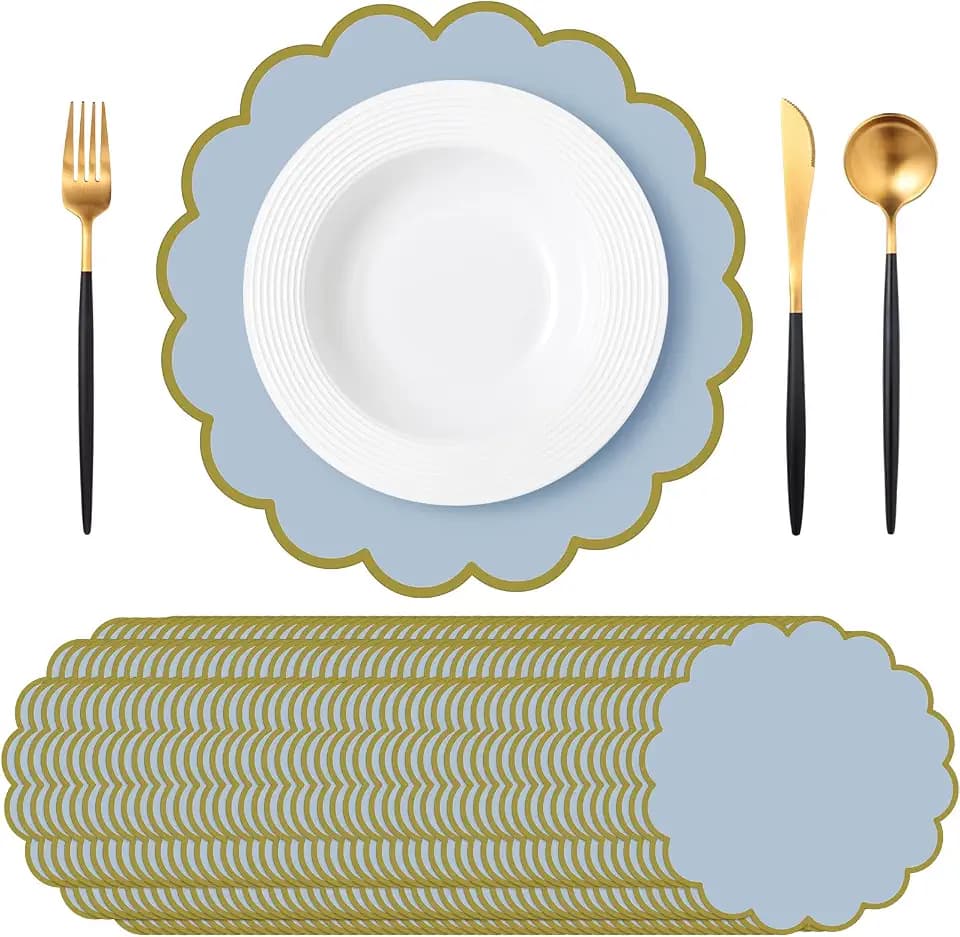 Tinlade 50 Pcs Paper Placemats, 13.5 Inch Disposable Scalloped Placemat, Decorative Round Table Place Mats for Birthday, Wedding, Bridal Shower, Baby Shower, Tea Party, Dining Tableware (Blue)