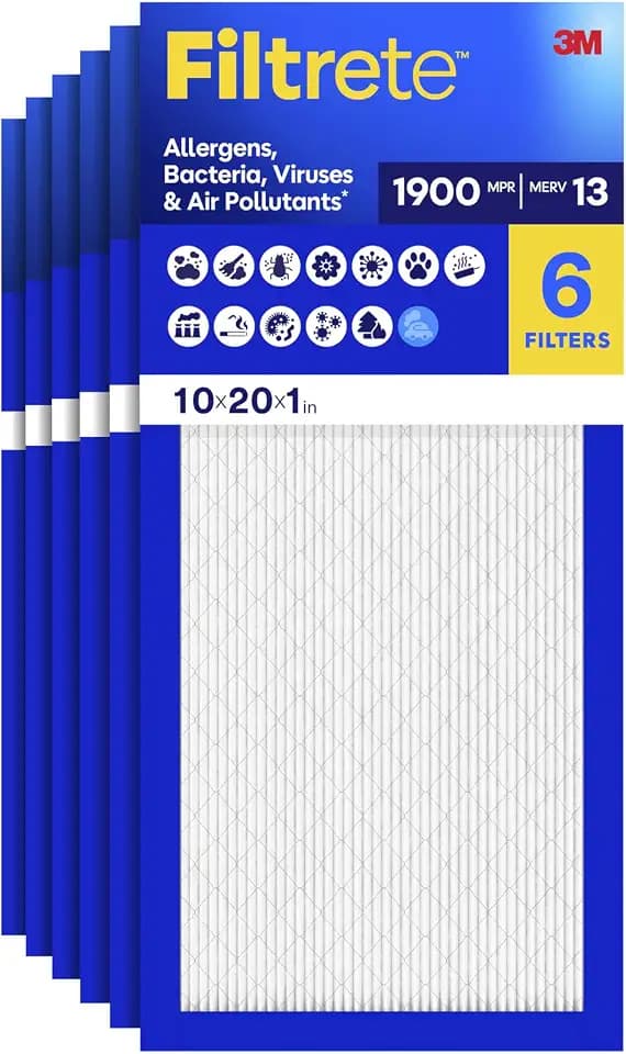 Filtrete 10x20x1 Air Filter, MERV 13 MPR 1900, Allergens, Bacteria, Viruses & Air Pollutants, 3-Month AC/Furnace Filters, Cleaner Air Reliable Airflow, 6 HVAC Filters(Act Size 9.81x19.81x0.78 in)