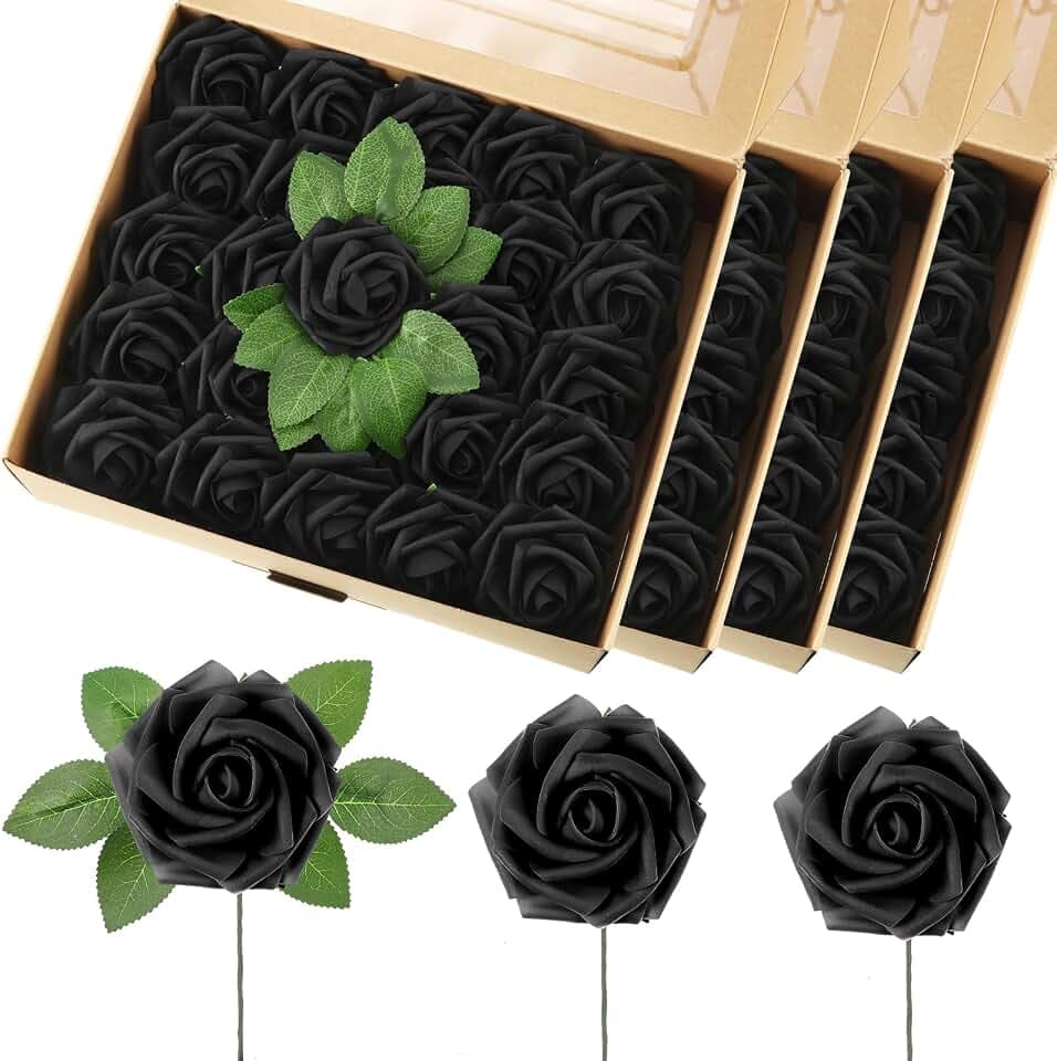100 Pcs Artificial Foam Rose Flower Faux Bouquet Wedding Fake Rose Gift for Mother's Day Women DIY Bridal Shower Party Table Birthday Home Spring Decor (Black)