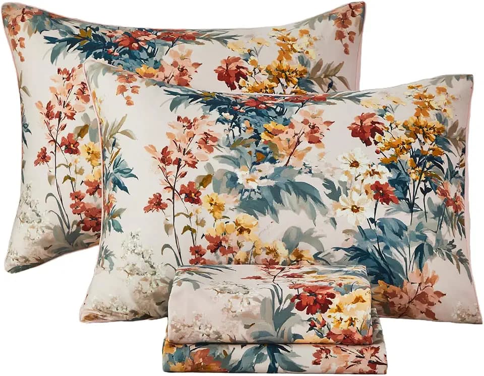 URBONUR 100% Cotton Floral Sheets Set Full Size, Watercolor Abstract