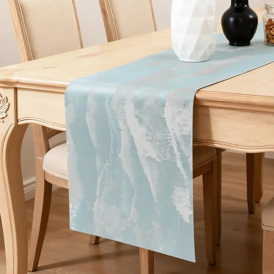 FAVE 72 Inch Dusty Blue Table Runner Woven with Gold Threads, Hand-Finished Satin for 6-8 Seat Rectangular Table Runner for Weddings, Spring Decor & Dining( Blue Crest,72”x11”)