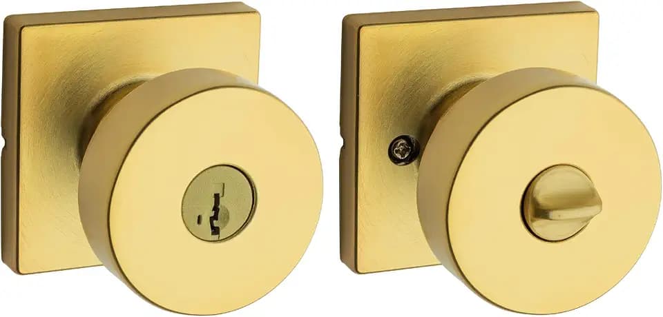 Kwikset Pismo Entry Door Knob with Lock and Key, Secure Keyed Handle Exterior Doorknob, Front Entrance and Bedroom, Satin Brass, Square, Pick Resistant SmartKey Rekey Security