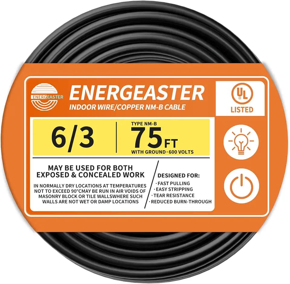Energeaster Stranded Indoor 6/3 NM-B Copper Cable with Ground 75FT, Black