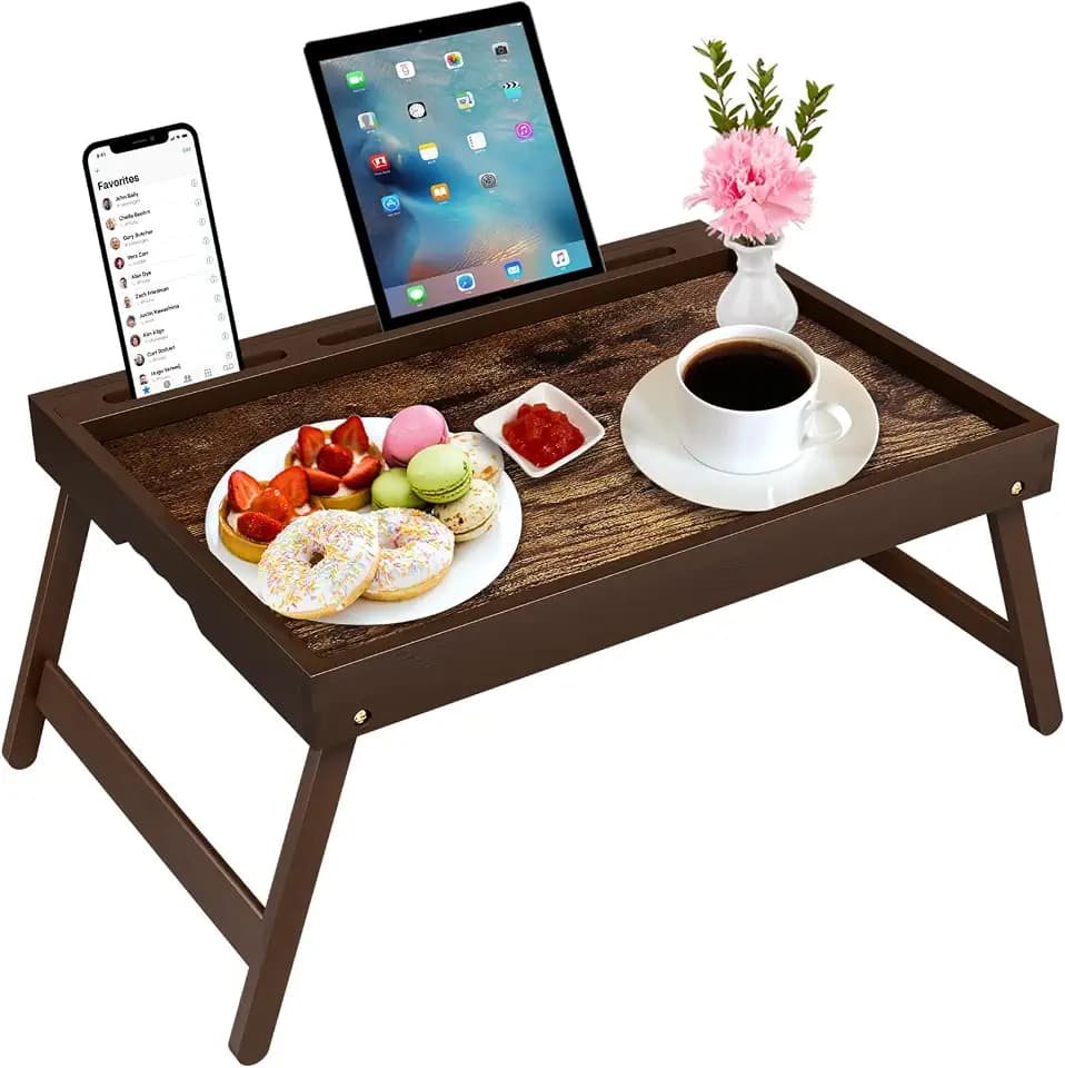 Bamboo Bed Tray Table with Device Stand, Large, Vintage Walnut