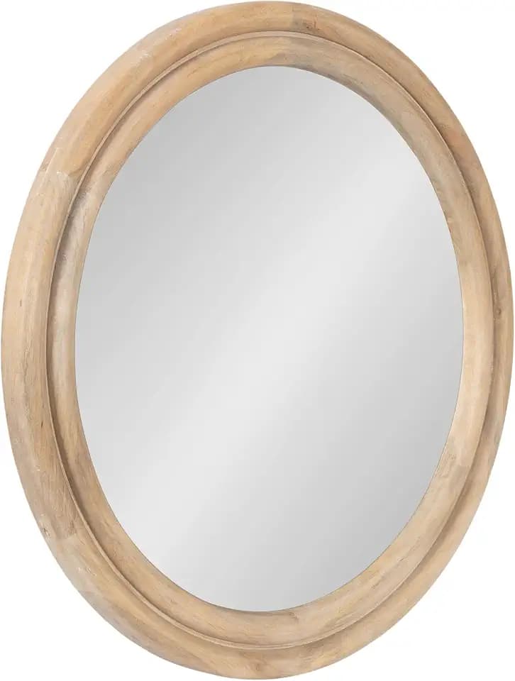 Kate and Laurel Oman Modern Ribbed Round Wall Mirror, 26 Inch Diameter, Light Natural, Framed Circle Bathroom Mirror for Over Sink Home Decor or Fireplace Mantel Mirror