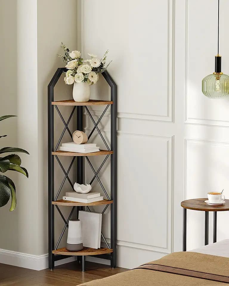 CHOEZON 47.6" Corner Shelf, 4-Tier Industrial Corner Bookshelf, Corner Storage Stand, Corner Bookcase for Bedroom, Living Room, Home Office, Rustic Brown and Black TCJ09BF