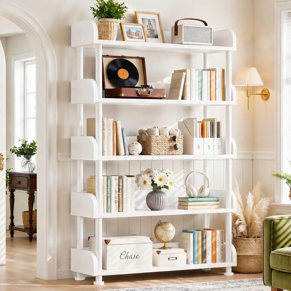 Aheaplus 5-Tier Tall Open Bookshelf, 31.5" Modern Display Bookcase, White