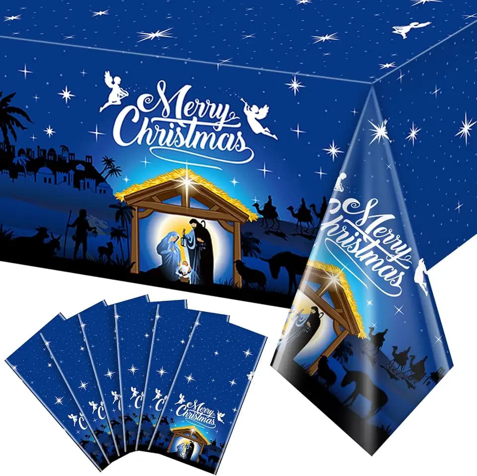 6 Pcs Holy Tablecloth, Blue Merry Christmas Religious Plastic Table Cover Holy Night Nativity Tablecloth for Jesus Nativity Religious Party Decorations, 54x108 Inch