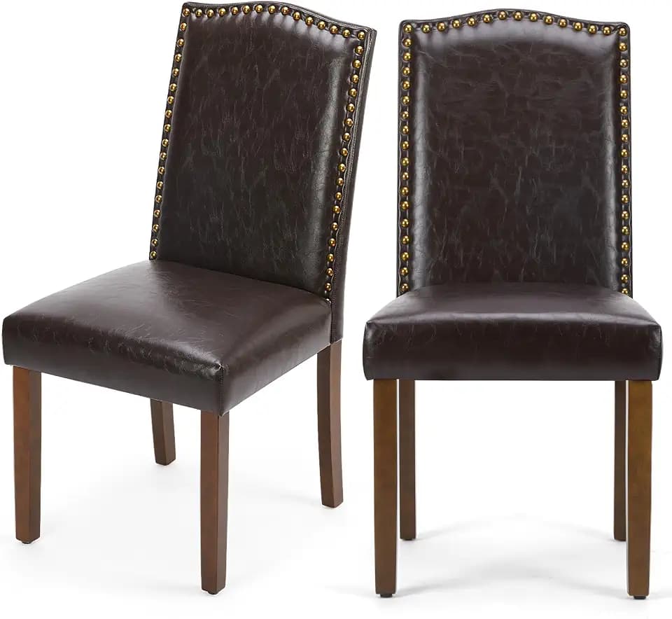 DUMOS Dining Chairs Set of 2, PU Leather Upholstered Kitchen Chairs with Wooden Legs and Padded Seat, Modern Accent Chair for Dining Room, Kitchen, Living Room, Restaurant, Brown