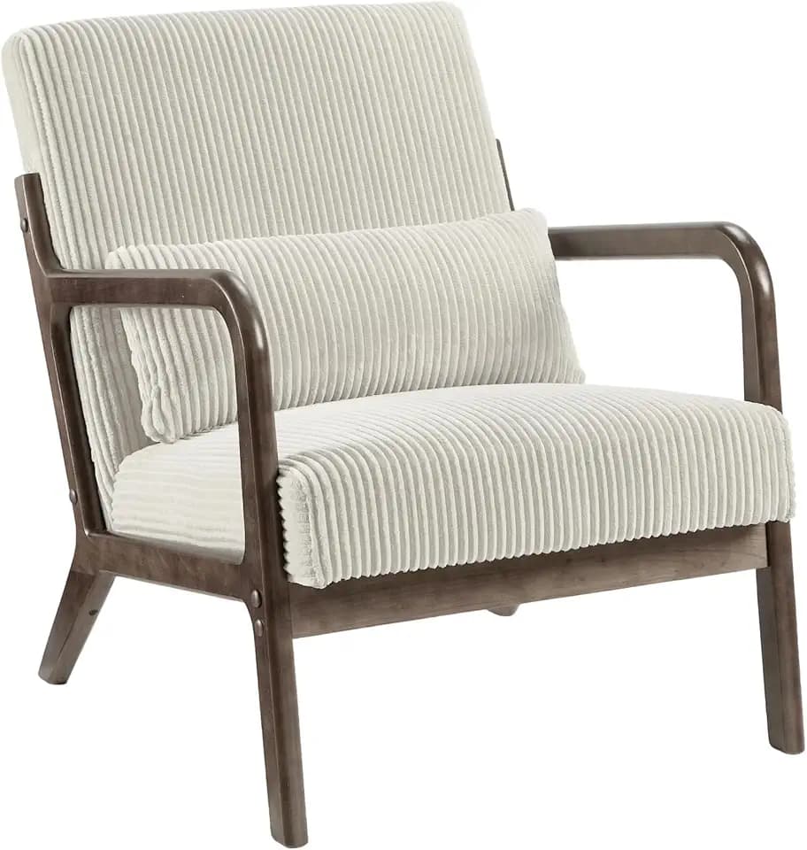 IDEALHOUSE Mid-Century Modern Accent Chair, Chenille Upholstered Armchair with Wood Frame and Lumbar Pillow, Cozy Reading Chair for Living Room, Bedroom, Cream