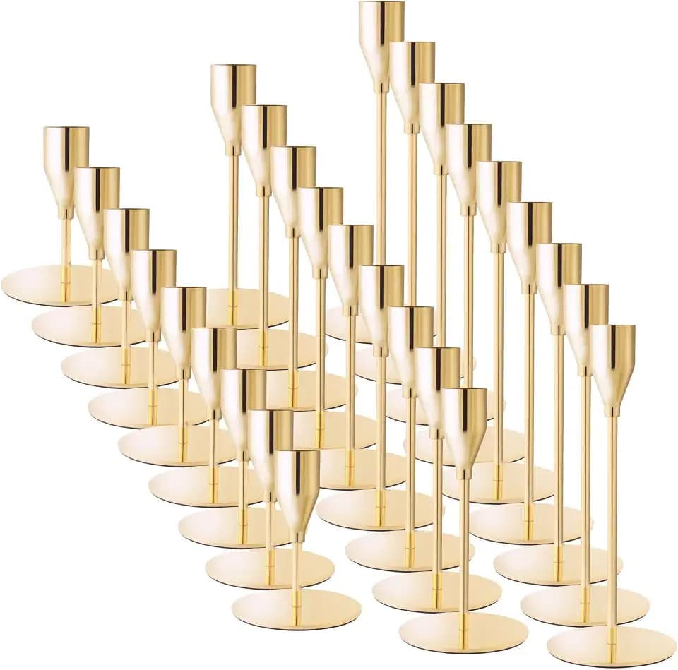 Gold Candlestick Holders, Metal Taper Candle Holders, Bulk Set of 27