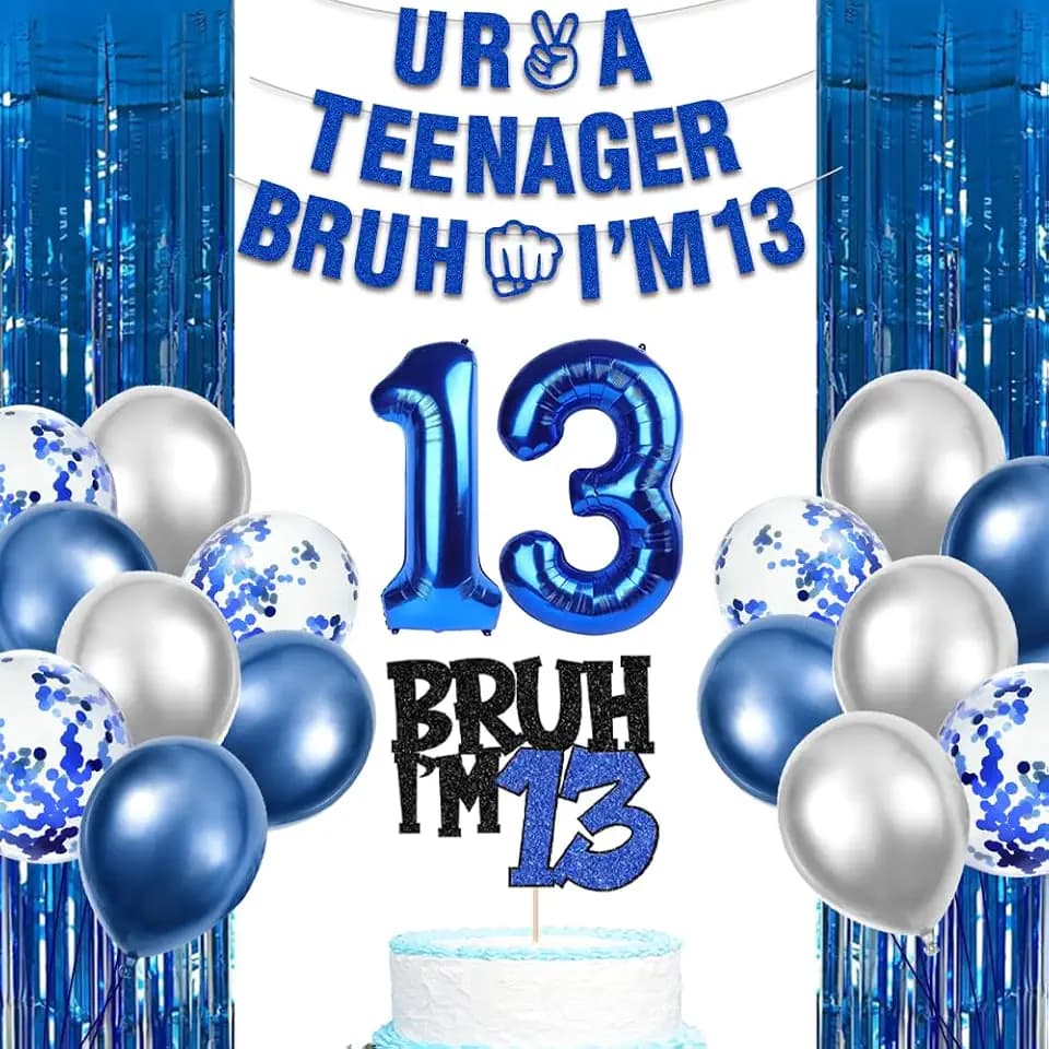 13th Birthday Decorations for Boys, Blue UR A TEENAGER I’M 13 Banner, Cake Topper, Number Balloons 1 & 3, Blue Fringe Curtains for 13 Year Old Boy Birthday Decorations
